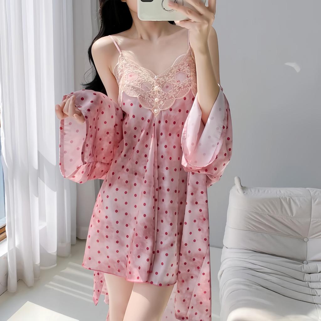 Polka dot ice silk V temptation plus chest pad underwear sweet perspective mesh lace nightdress robe home two-piece set