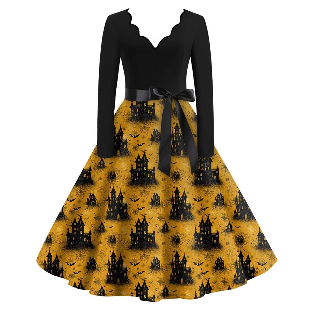 Women's Casual Fashion Long Sleeve Halloween Graphic Printed Vintage Long Dresses