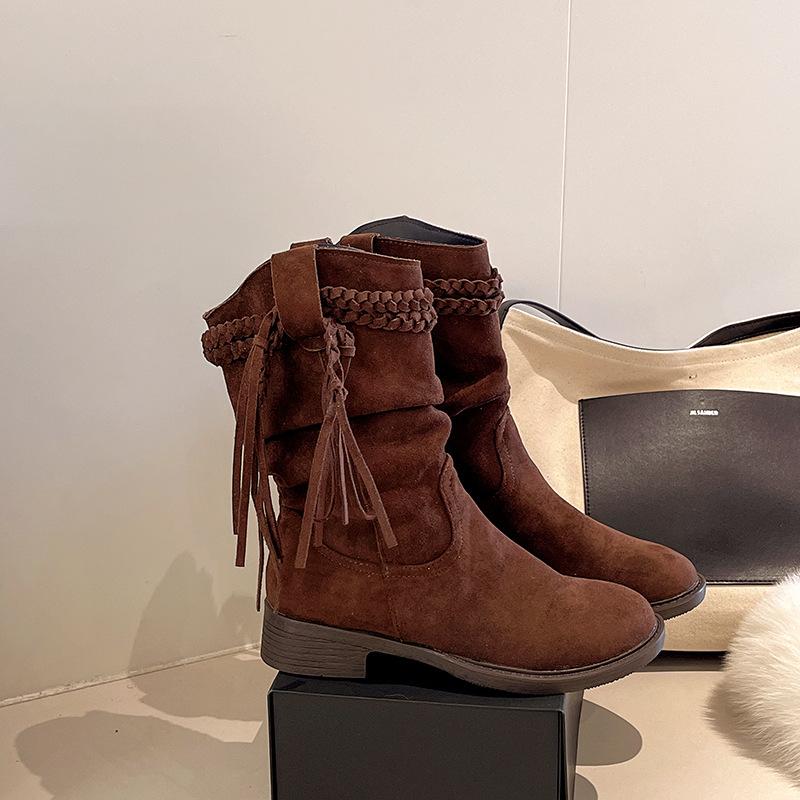 

Retro woven fringed boots thick heel thin medium boots Egyptian boots 2025 autumn and winter new thin stacking boots 40