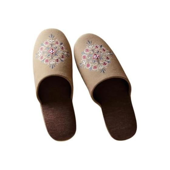 [Belle Maison] Slippers, Indoor, Washable, Embroidery Design, Adults, Beautiful Slippers, Ornament (Brown) M