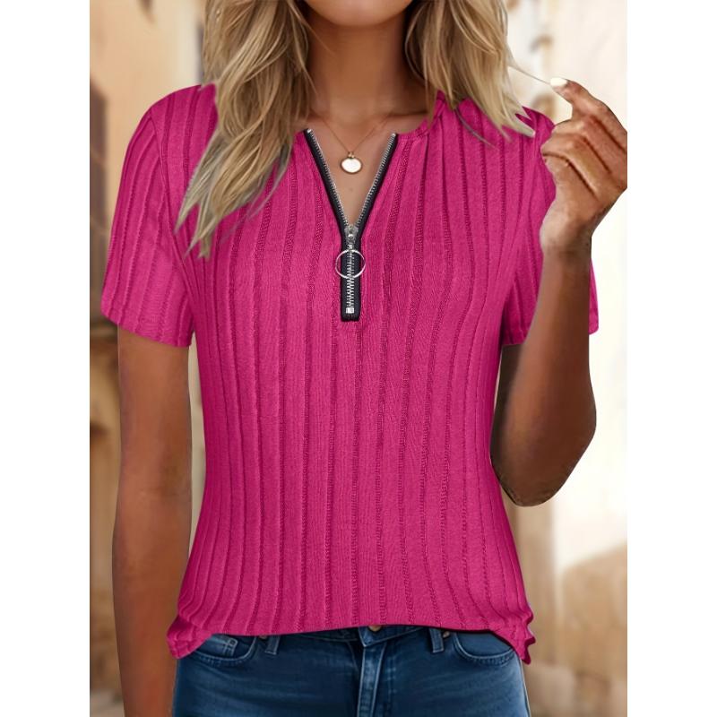 Ladies' Casual and Elegant Zipper Short Sleeved T-shirt Suitable for Casual Wear In Spring, Summer, and Autumn