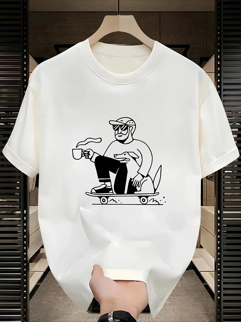 Mens Heavyweight Cotton Oversized TShirt with Skateboard Graphic Print  White  Black Casual Summer Streetwear Tee