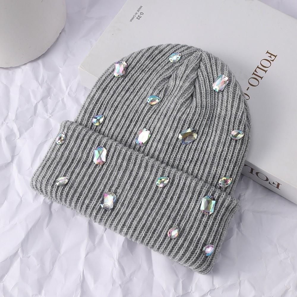 Rhinestone-embellished Pullover Knit Cap Solid Color Skull Cap Rhinestone-adorned Hat Winter
