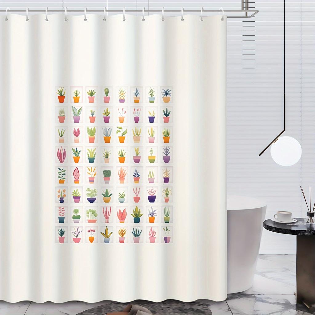 1pc Cartoon Green Plant Shower Curtain - Potted Flower Print, 72x72", Hotel & Bathroom Decor