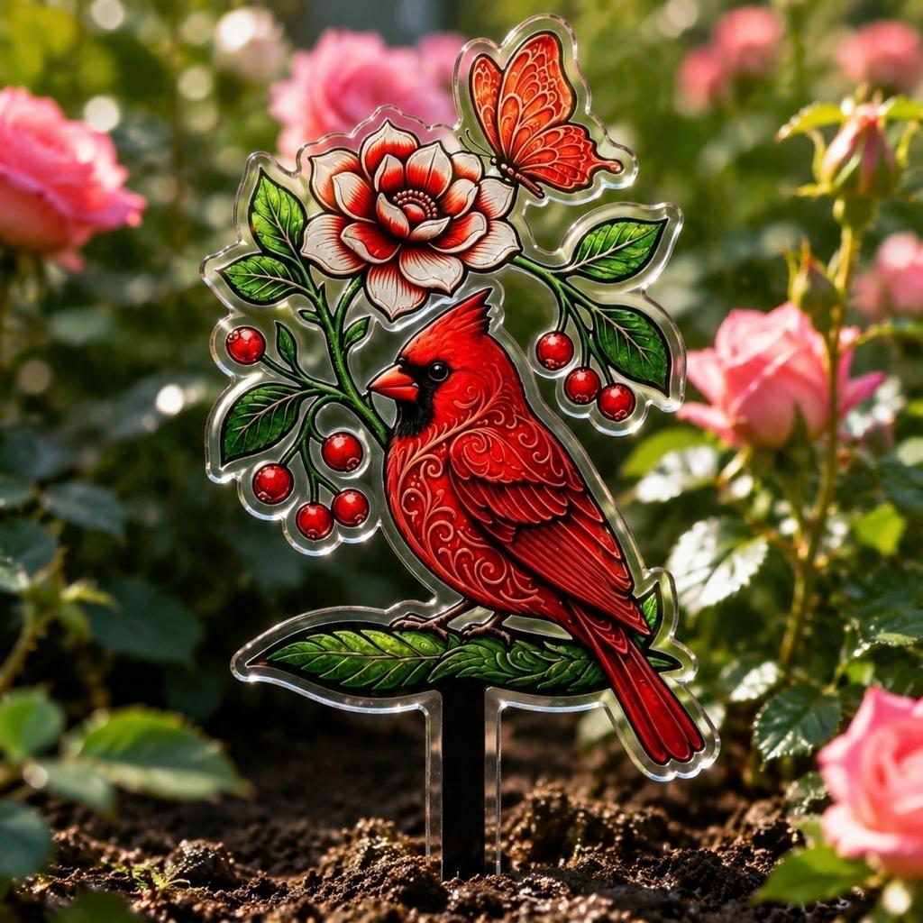 2D Acrylic Garden Stake Featuring Bird and Floral Design Suitable for Outdoor Lawn Decoration and Yard Ornament