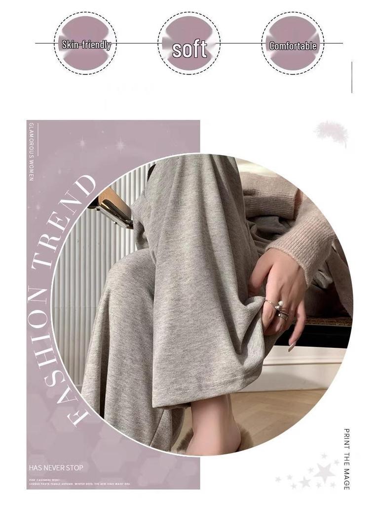 Petite Oatmeal Wide-Leg Pants for Women - High Waist, Drapey, Loose Fit, Floor-Length for Spring and Autumn.