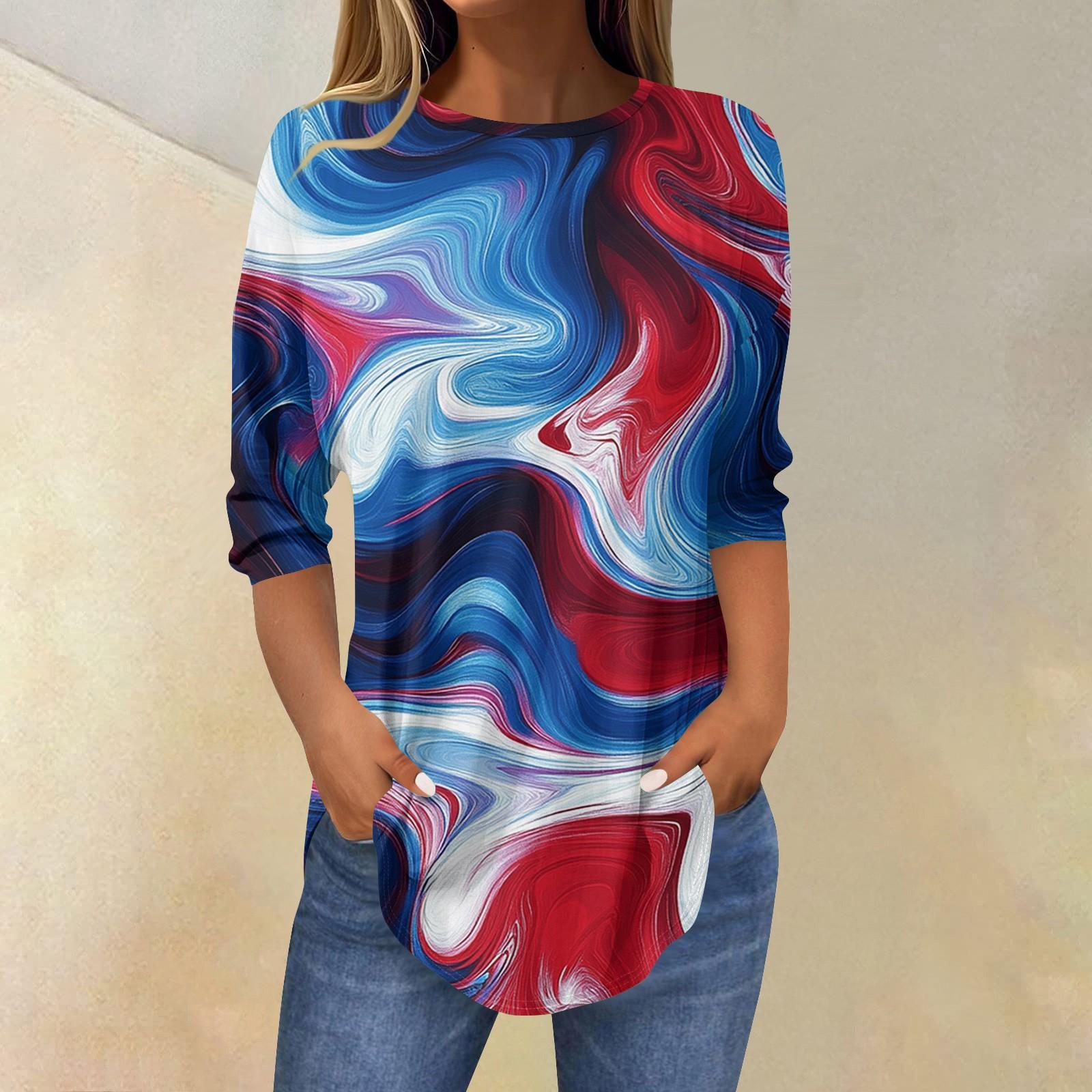 

Жіночі топи з рукавом 3/4, літні футболки з принтом, з круглим вирізом, повсякденна базова футболка, сорочки на ґудзиках, туніки L синій
