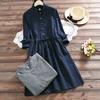 Plus Size Spring Autumn Women Dress Stand Collar Polka Dot Green Navy Blue Dress Elegant Long-Sleeved String Mini Dress