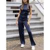 Women's Sleeveless High Neck Satin Jumpsuit with Wide Legs In Navy Blue