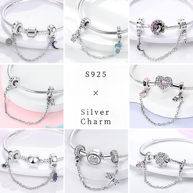 Silberner Verschluss, 925er Silber, Silikon-Abstandshalter, Pavé-Rundclip-Anhänger, Kleeblatt-Sternperlen, feste Sicherheitskette, passend für Original-Armbandschmuck