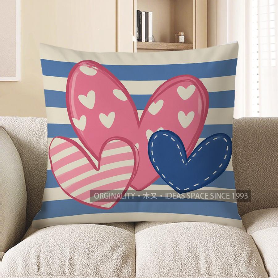 Home Decor Pink Heart On Blue Stripes Cushion Cover Pattern Cushion Cover Suitable For Sofa Bedroom Car Pillow Cover