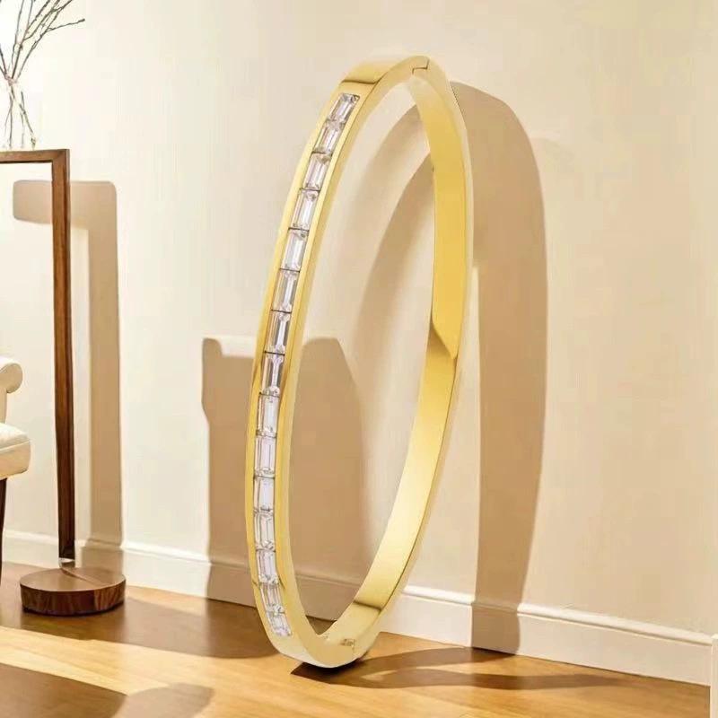 European & American Titanium Steel Hollow Electroplated Bangle with Diamonds - Versatile Stainless Steel Women's Fashion Jewelry