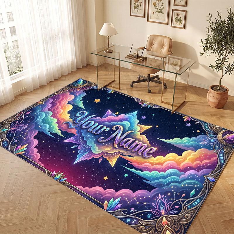 Space Cosmic Theme Crystal Velvet Floor Rug Personalized Custom Name Text Warm Carpet Home Decoration