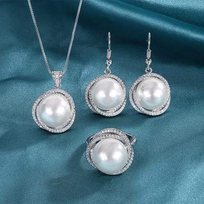 Micro-Set Clear Cubic Zircon Round White Gray Yellow Shell Pearl Pendant Necklace Adjustable Ring Stud Earrings Jewelry Set