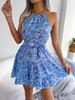 O Neck Printed Dress High Waist Elegant Flounce Dress for Women Sleeveless Loose Dresses Causal Dress
