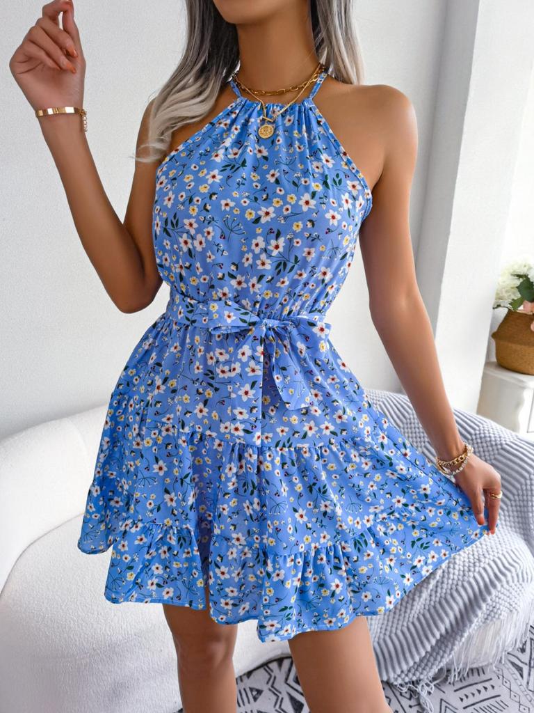 O Neck Printed Dress High Waist Elegant Flounce Dress for Women Sleeveless Loose Dresses Causal Dress