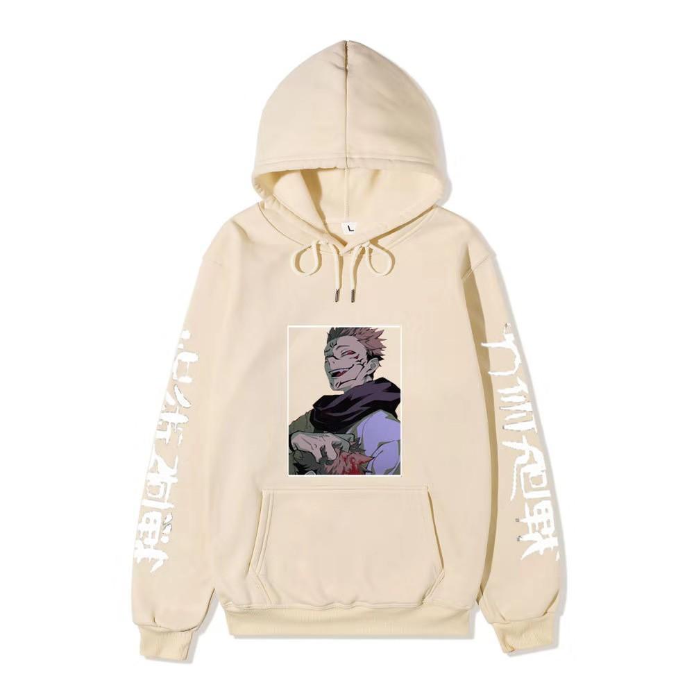 Jujutsu Kaisen Ryomen Sukuna Hoodie Unisex Fleece Sweatshirt Dual Sleeve Vertical Japanese Text Anime Color Character Pullover