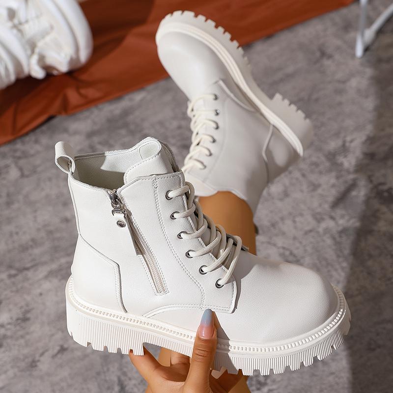 White Black PU Leather Ankle Boots Women Autumn Winter Round Toe Lace Up Shoes Woman Fashion Motorcycle Platform Botas Mujer