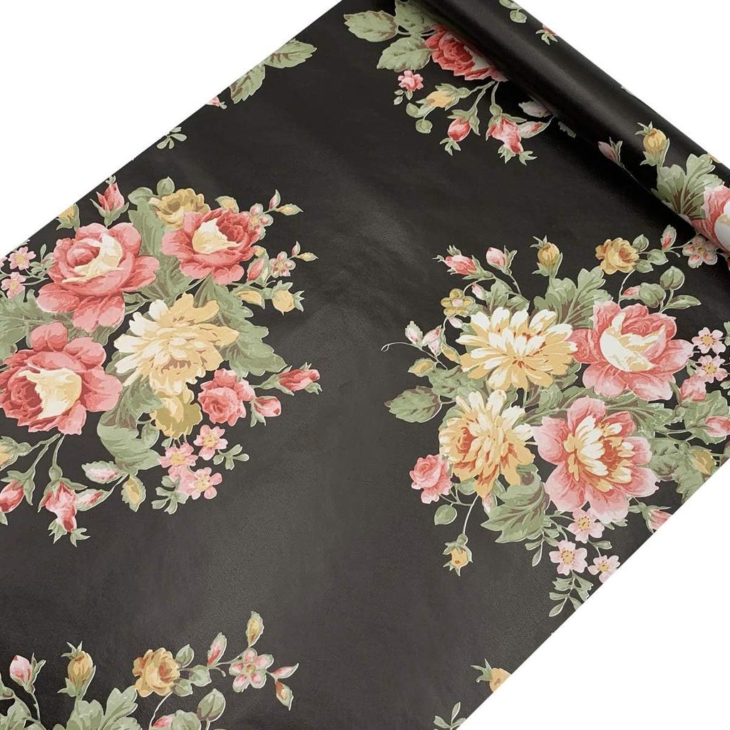 1pc Flower Shelf Liner Black Drawer Cover Paper Self-adhesive Rental House Furniture Decoration DIY Desktop Surface, Retro Self-adhesive Wallpaper