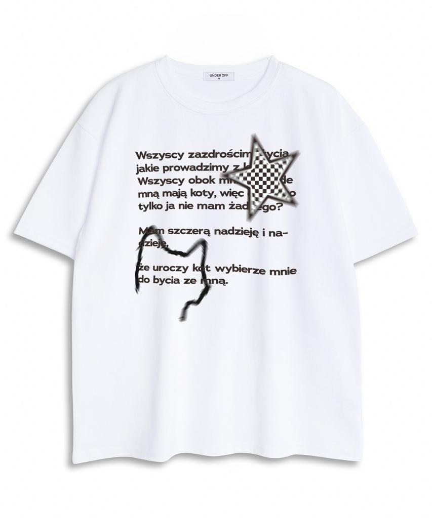 UNDEROFF Oversized Crew Neck Polish Cats Lettering Short Sleeve T-Shirt Black