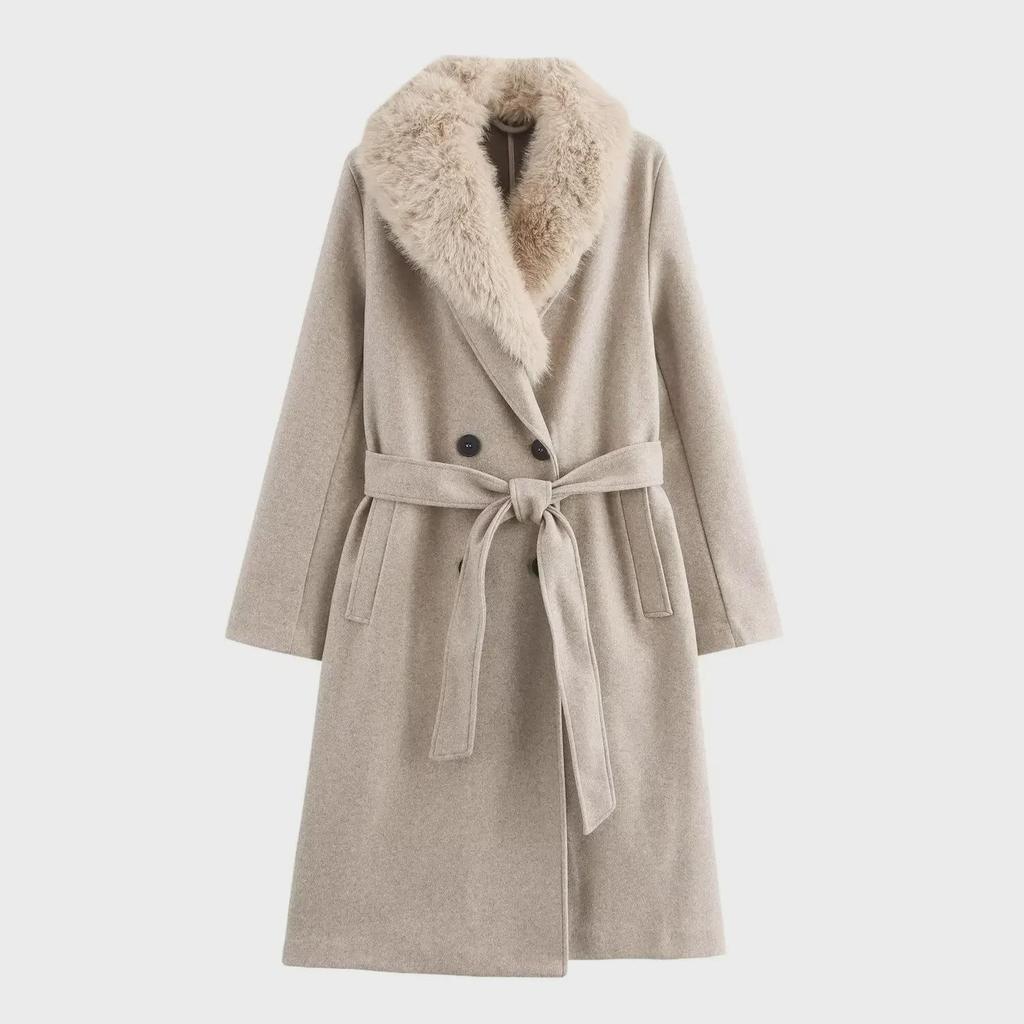 Women's European and American Style Wool Coat with Fur Collar and Belt for Autumn and Winter 