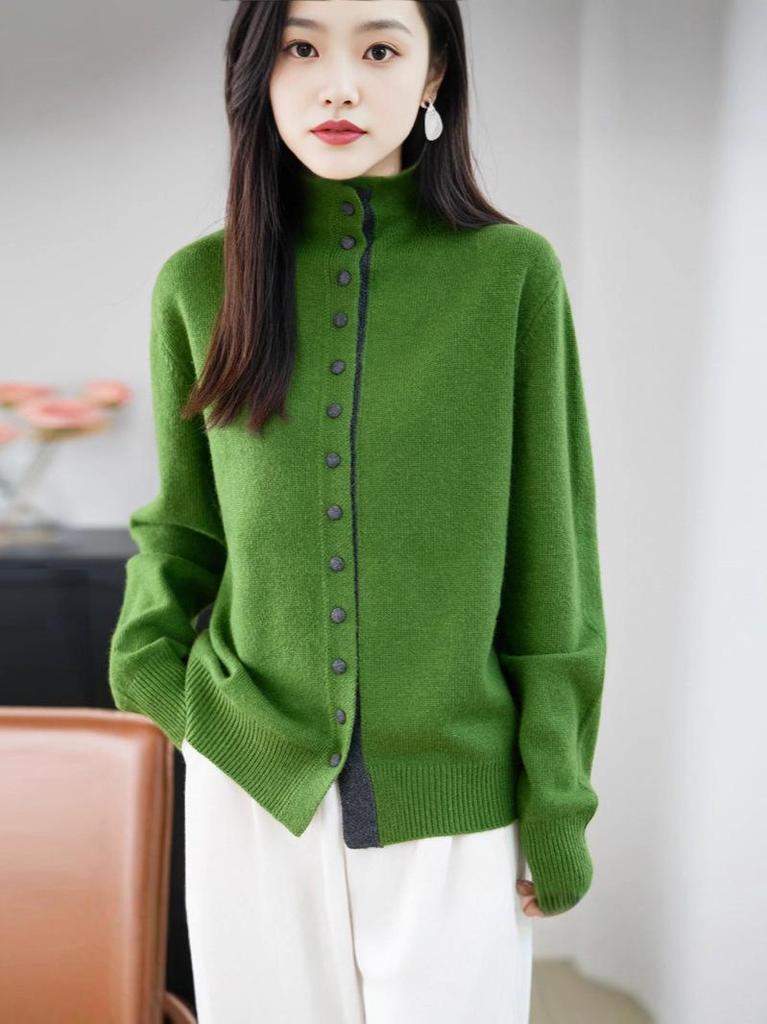 Women's 2025 French High Neck Buttoned Embroidered Woolen Knit Cardigan - Stylish, Warm Sweater Jacket