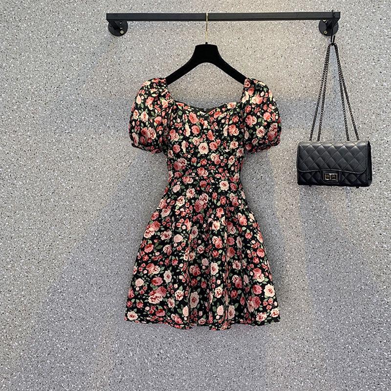 2023 Plus Size French Floral Puff Sleeve Dress: Slimming, Square Neck Summer Style