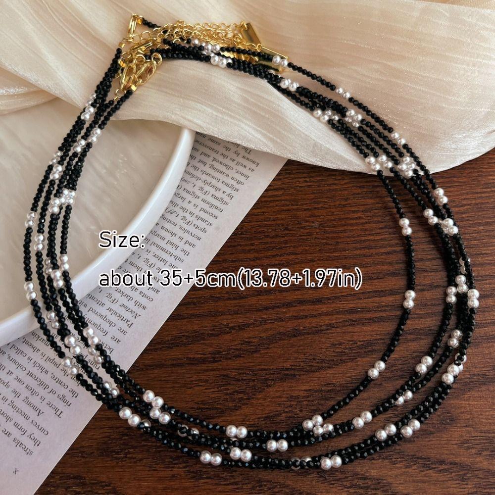 Vintage Black Pearl Necklace Black Pearl Pointed White Pearl Chain Necklace Crystal Beads Classic Jewelry Accessories