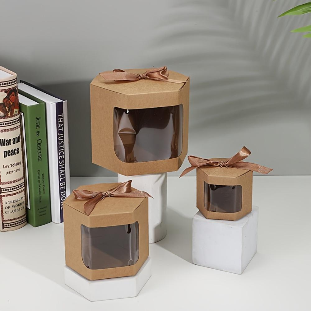 24pcs Hexagonal Party Gift Boxes with Ribbon 3 Size Kraft Paper Party Favor Boxes Folden Gift Wrap Box Display Box for Wedding Birthdays Packaging Box