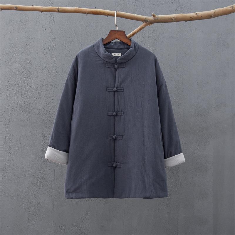 Winter Retro Chinese Cotton-Linen Women’s Coat - Solid Color, Stand Collar, Frog Button, Thickened Warm Jacket