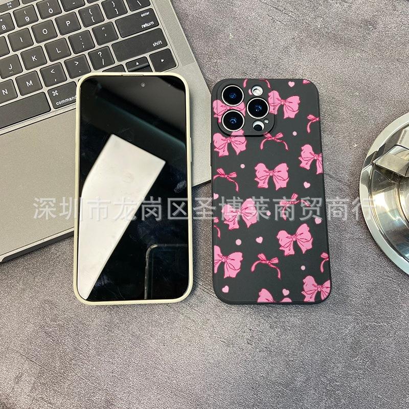 Pink Bow for iPhone15 Mobile Phone Case 14PROMAX All-inclusive 13 Anti-drop 16/15 Protective Case 17