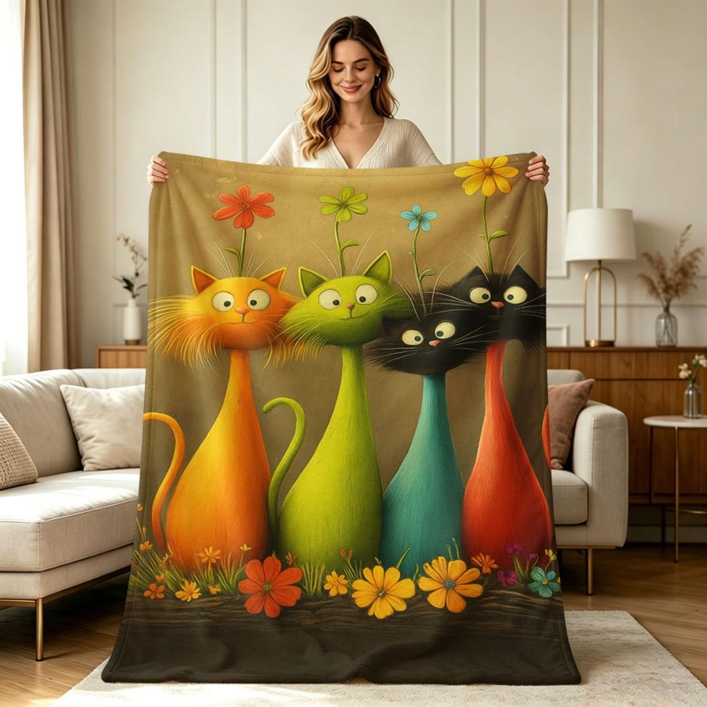 Flannel Throw Blanket with Cute Whimsical Floral Cats Print for All Season Soft Warm Cozy Lightweight Blanket for Sofa Couch Chair Bedroom Living Room