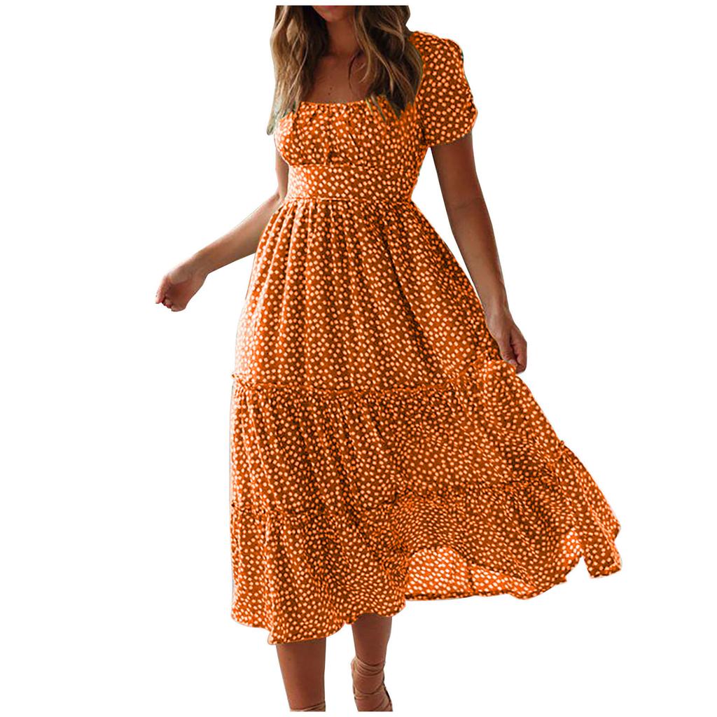Women's Fashion Summer Spring Floral Print Short Sleeve Square Collar High Waist Casual Dresses