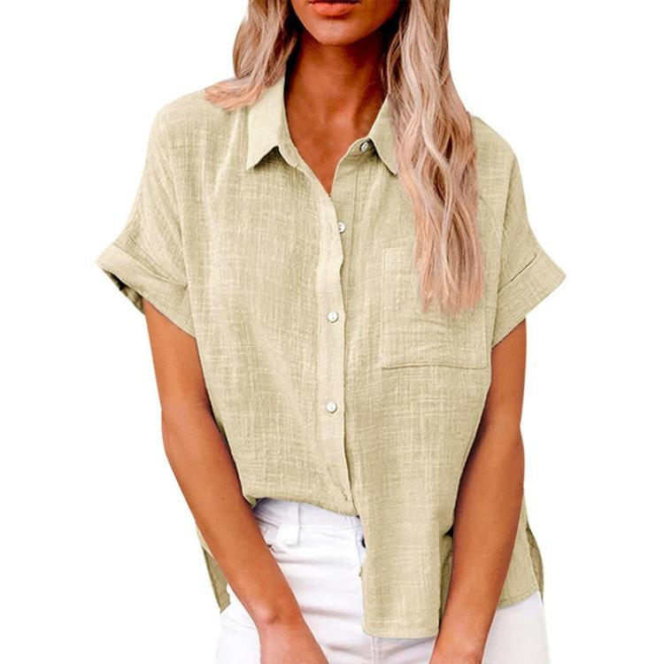 Casual Loose Women Shirt Short Sleeve Lapel Button Down Top With Pocket Tshirt Fashion Color