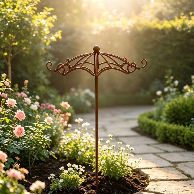 Umbrella Top Climbing Support Trellised for Potted Foliage, Metal Stake with Brown Finish for Balcony Displays, Outdoor Rows, and Small Outdoor