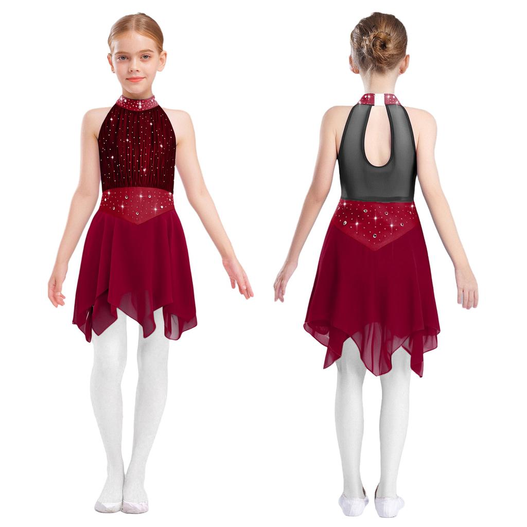 Kids Girls Ice Skating Performance Dress: Sleeveless Keyhole Back Rhinestone Metallic Mesh Bodice with Irregular Chiffon Hem for Competition