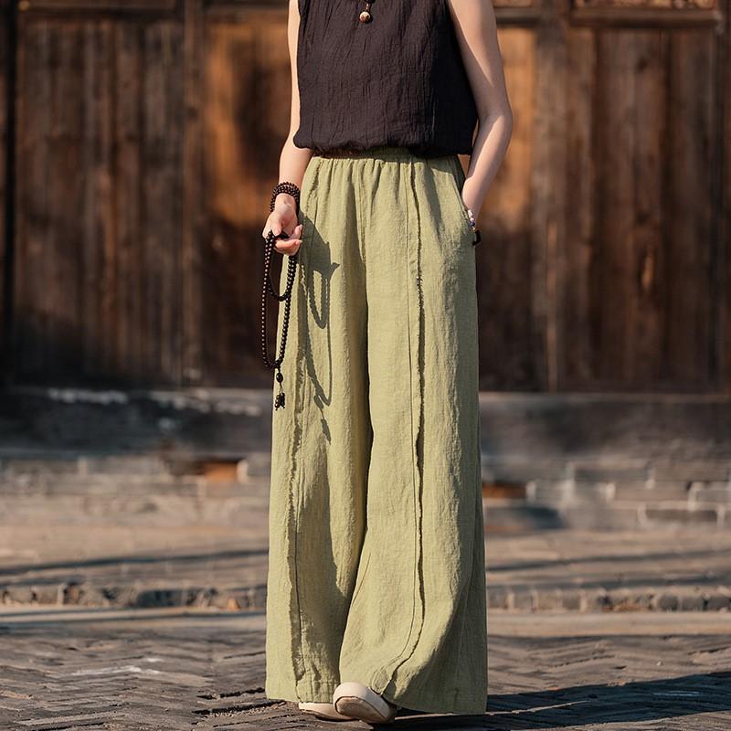 Johnature Women Vintage Wide Leg Pants Spring Solid Color Elastic Waist Loose Trousers Patchwork Long Pants