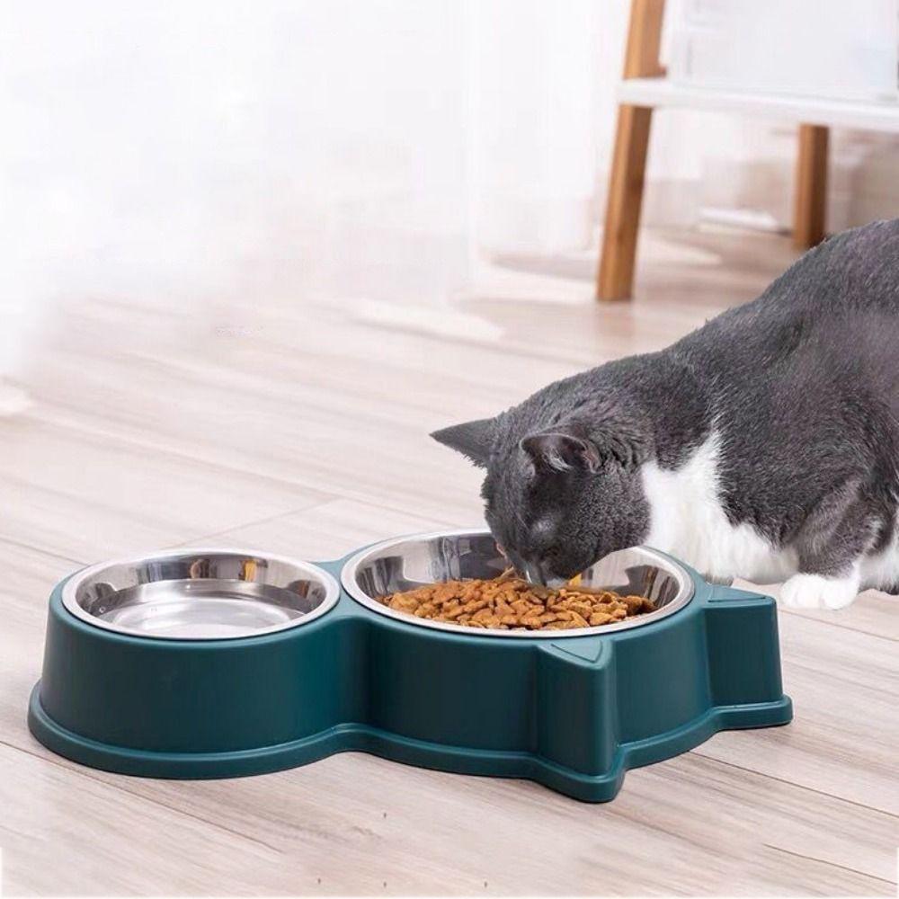 

Plastic Cat Anti-knock Double Bowl Cartoon Dog Drinking Dish For Puppy зелёный
