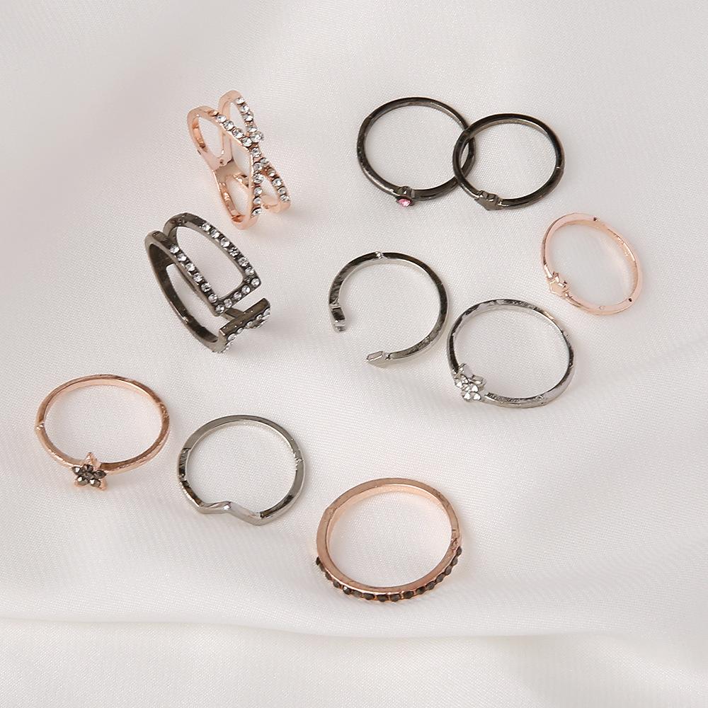 Bohemian Kreativ Vintage Geometrisch Dreifarbig Gemischt Voll Diamant Pfeil Liebe Stern 10-teilige Kombinationsringe