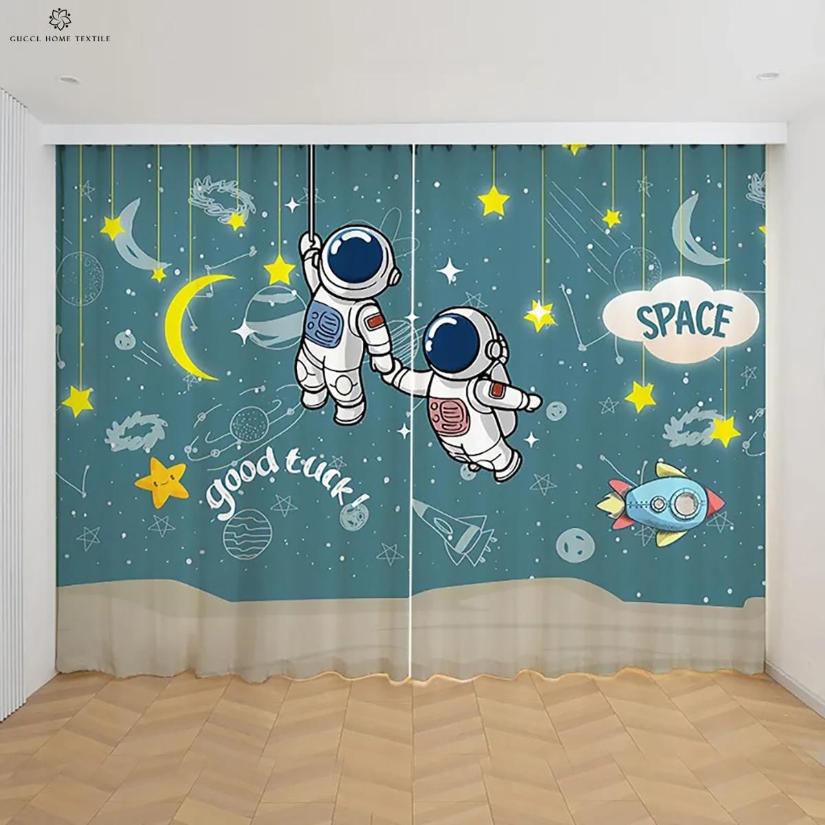 

Cartoon Astronaut Spaceship Printed Curtains Light blocking Heat Protection Bed Room Living Area Study 2 Pcs High Quality W100xH130(CM) folio&Grommet Top