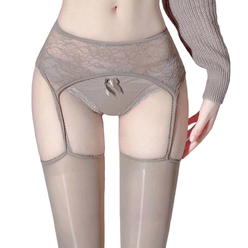 Womens Lace High Waist Glossy Ultrathin Silk Suspender Tights Crotchless Oil Shimmery Garters Belt Stockings Pantyhose
