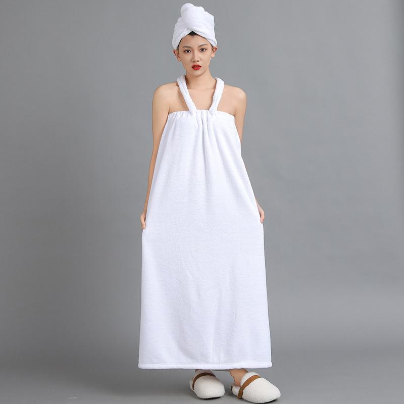 

1 Set Neck-Tie Coral Fleece Bath Robe Wearable Wrap 130cm Long Quick-Dry Unisex Bath Towel with Belt for Spa Banya & Home Bathrobe + Dry Hair Cap білий