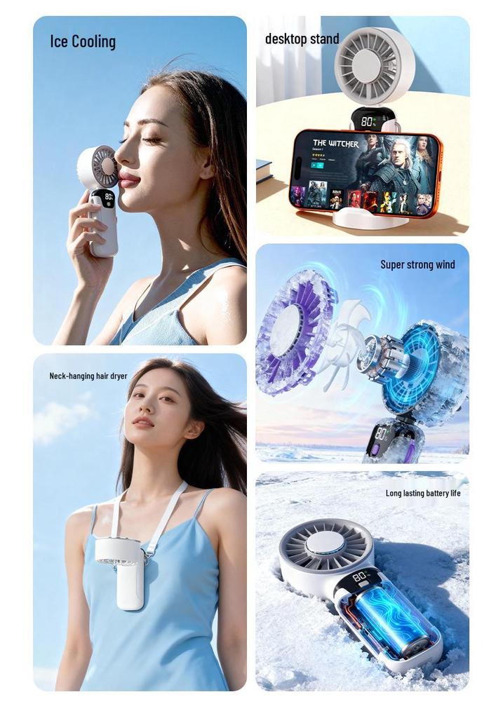 Portable USB Mini Fan with Cooling Ice Pack, Neck-Hanging Design, Digital Display, and Foldable High-Speed Feature for Outdoor Use