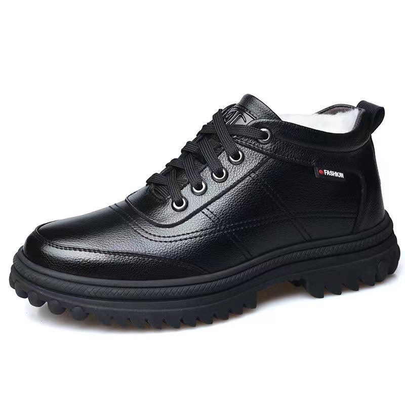Men's Winter Fur Lined Ankle Boots Waterproof Anti-slip Comfortable Business Leather Boots Warm Lace-up Fleece Shoes for Male