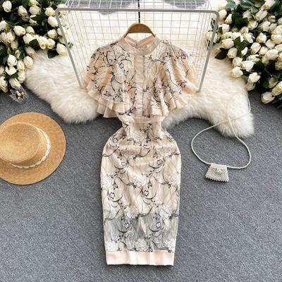 Kadınlar Yeni Moda Yaz Yuvarlak Boyun Retro Bodycon Elbise Uçan Kollu Ince Zarif Fırfır Zarif Ofis Iş Elbiseleri vestidos