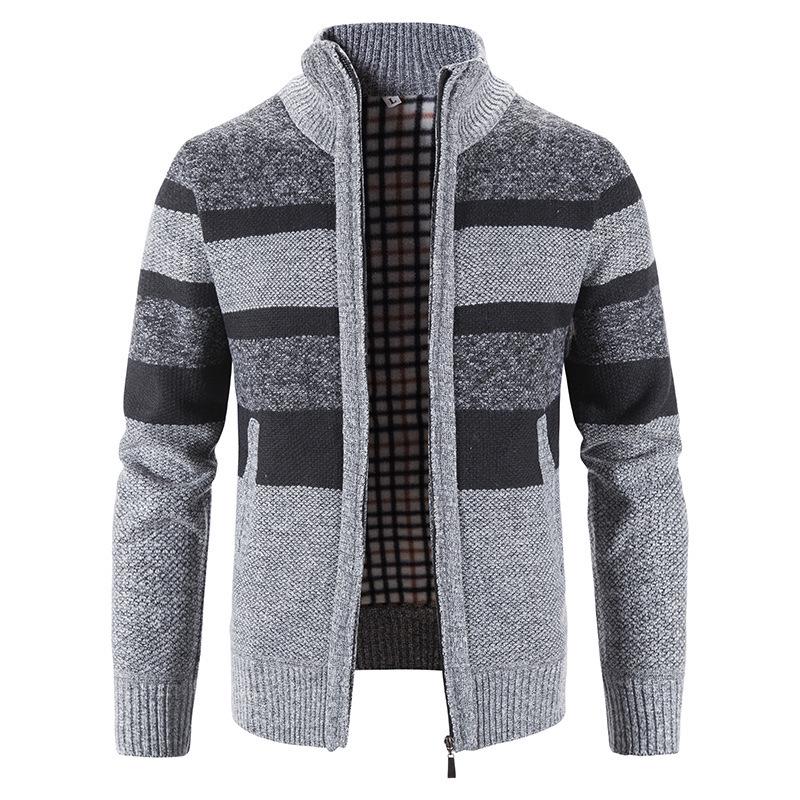 Men's Thickened Velvet Stand Collar Color Block Knit Cardigan Sweater Jacket for Autumn/Winter