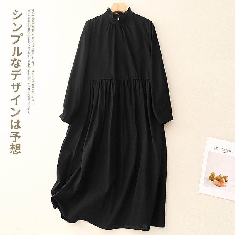 

Черное платье с кружевным воротником и длинными рукавами из хлопка и льна для женщин, весна-осень 2025 года, новый стиль, свободное, омолаживающее однотонное платье 2XL чёрный