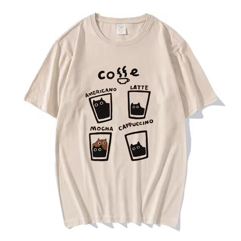 2025 Neu in Mode Damen Katze Kaffee T-Shirt Mode O-Ausschnitt T-Shirts Sommer Tops Mode Street T-Shirts