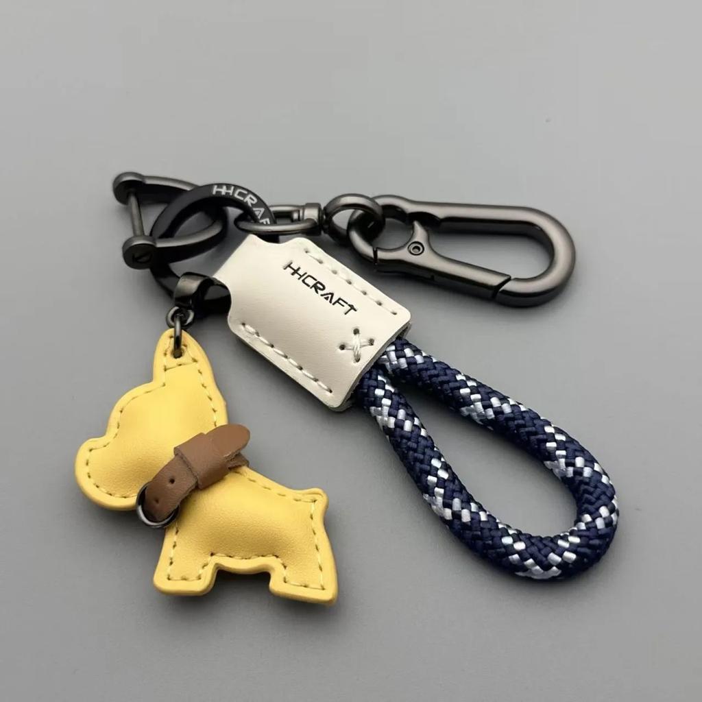 French Bulldog Keychain - Handmade Genuine Leather & Braided Rope, Anti-Loss Strap for Women Men, Car Key Organize Accessory