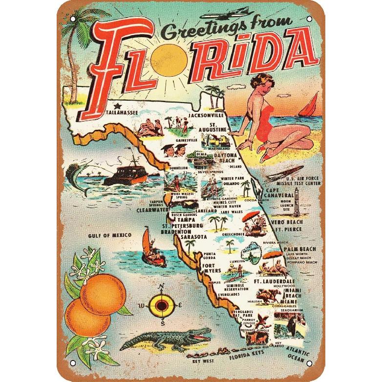 Vintage Retro Collectible tin Sign - 1954 Greetings from Florida -Wall Decoration 12x8 inch Poster Home bar Restaurant Garage Cafe Art Metal Sign